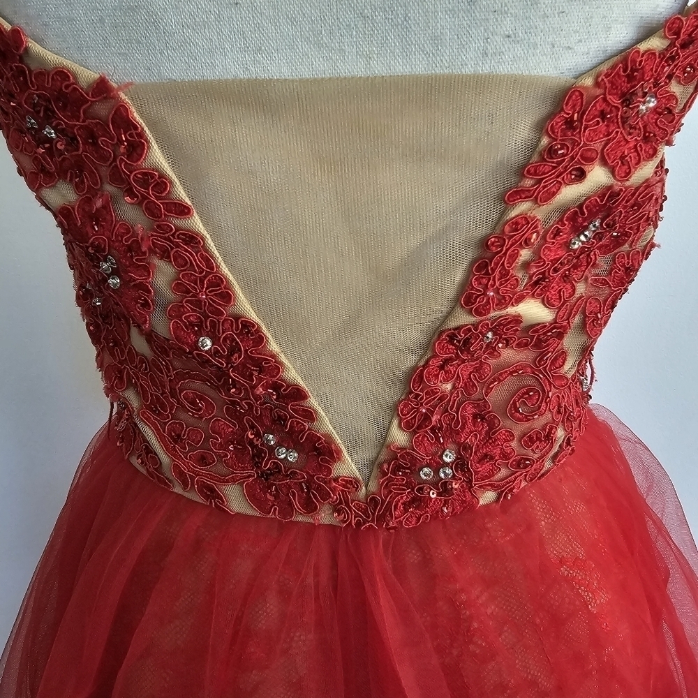 Sherri Hill Red & Nude Tulle Lace Maxi Dress - Picture 11 of 16